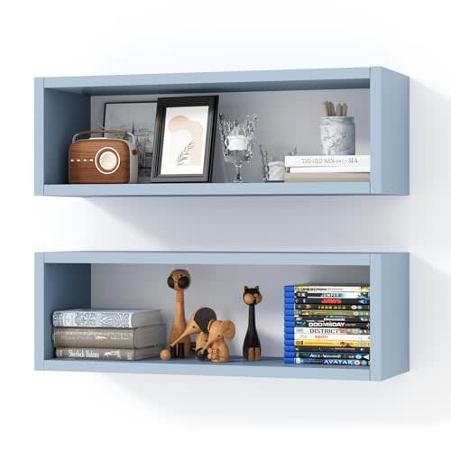 Kaboon 24in Floating Cube Shelves Set of 2, Display Shelves Wall Mount, Decorative Hanging Shelves for Kitchen Living Room Office,(Grayish Blue, Rectangle 2 Cubes)