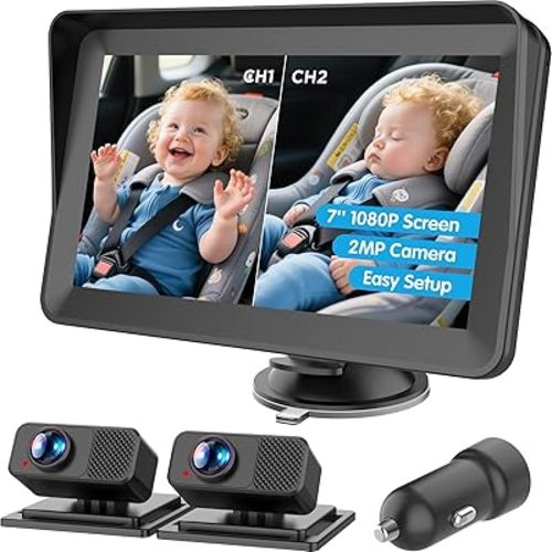 Baby Car Camera for 2 Kids - 7" IPS Split Screen HD 1080P, Dual Cams with IR Night Vision & 150° Wide Angle - USB Powered Easy Install Backseat Monitor for Twins/Siblings Safety-VV