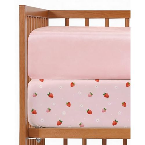 Baby Crib Sheets for Boys & Girls - Pack of 2 Fitted Microfiber Crib Sheets for Standard Crib & Toddler Mattress - Breathable & Wrinkle Free - Machine Washable - Oeko Tex - 52x28x8in - Strawberries