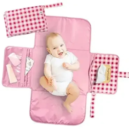 Tiny Twinkle Portable Diaper Changing Pad | Waterproof, Wipeable & Compact Baby Changing Pad for Travel | Smart Wipes Pocket & Organized Storage| Newborn Shower Gift (Raspberry Gingham)