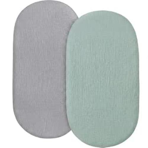 Pro Goleem Muslin Bassinet Sheet for Boys and Girls, Soft Breathable Fitted Cotton Baby Sheets Set for Oval Hourglass and Rectangular Bassinet Mattress, Neutral, 2 Pack (Grey＆Green)