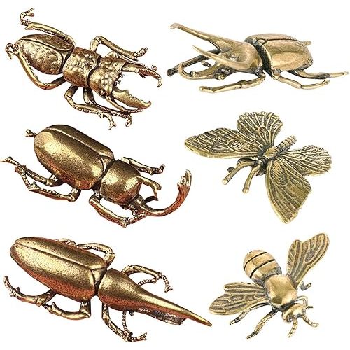 SnowOwl 6PCS Vintage Brass Gold Bee Beetle Decorations Statues Sculpture Solid Metal Animal Insect Ornament Miniature Figurines Long Horn Bug for Home Office Garden Desktop Decor (Bronze-3)