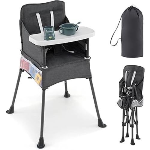 HONEY JOY Portable High Chair for Babies and Toddlers, Foldable Highchair with Tray, Storage Pocket, 5-Point Safety Harness, Compact Space Saver Baby Feeding Chair for Travel, Carry Bag (Gray)