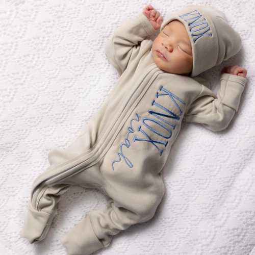 Personalized Baby Boy Sleeper and Hat Set – Coming Home Outfit, Newborn Gift
