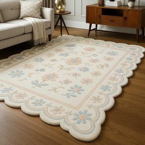 Hand Tufted Wool Rug: Off White Scalloped Floral 6x9
