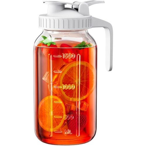 64 oz Glass Pitcher with Lid, Large Wide Mouth Mason Jar with Pour Spout, White Sun Tea Glass Jar for Outside, Breastmilk Pitcher Great for Drink, Cold Beverages and Breast Milk