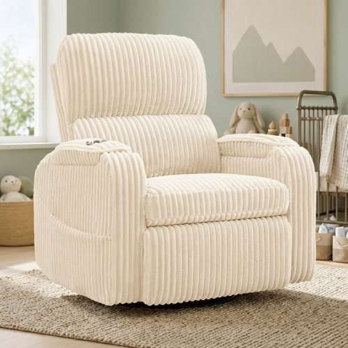 Latitude Run® 25''W Modern Corduroy 270° Swivel Nursery Glider With Hand-Adjustable Headrest, Storage Armrests And USB Port | Wayfair