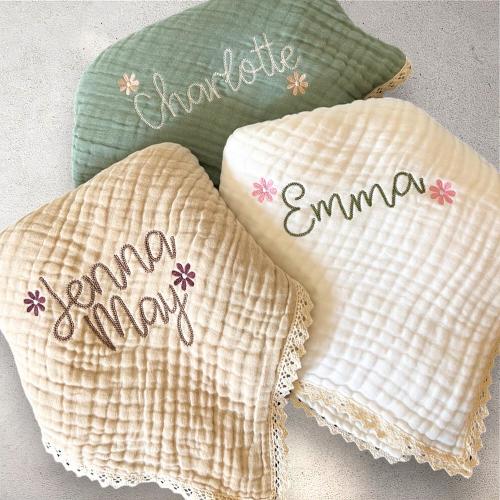 Embroidered Muslin Baby Blanket: Personalized name and flowers Organic Cotton Swaddle with Lace