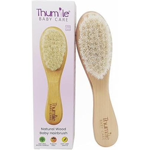 Baby Hair Brush by Thumble Baby Care | Gentle Goat Bristle Cradle Cap Scalp Massager | Set for Newborns, Infants & Toddlers | Natural Wooden Alternative | Plastic-Free