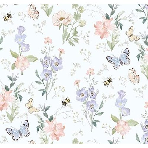 Timeet Peel and Stick Wallpaper Floral Wallpaper Butterfly Peel and Stick Wallpaper Vintage Wallpaper Removable Wallpaper Self Adhesive Wallpaper for Bedroom Wallpaper 17"x197"
