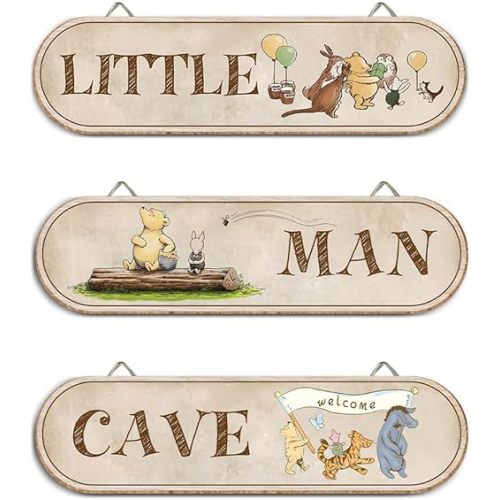 3PCS Little Man Cave Winnie Sign, Baby Shower Party Decoration, Classic Pooh Theme Birthday Party Supplies, Little Man Cave Wooden Sign Perfect for Home Bedroom Wall Decor