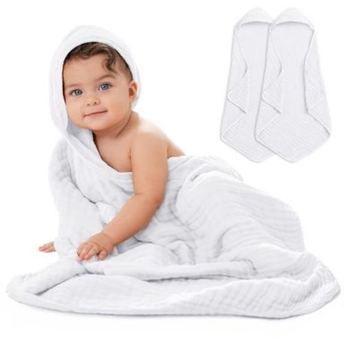 Comfy Cubs Hooded Baby Towels 2 Pack - 6 Layer, 100% Muslin Cotton - Large 32" x 32" - White