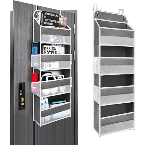 Kitchen Organizers and Storage with 4 Side Mesh Pockets, 44lb Weight Capacity Hanging Behind The Door Storage Suitable for Storing Toys, Shoes, Towels, Dark Grey, 4 Shelf
