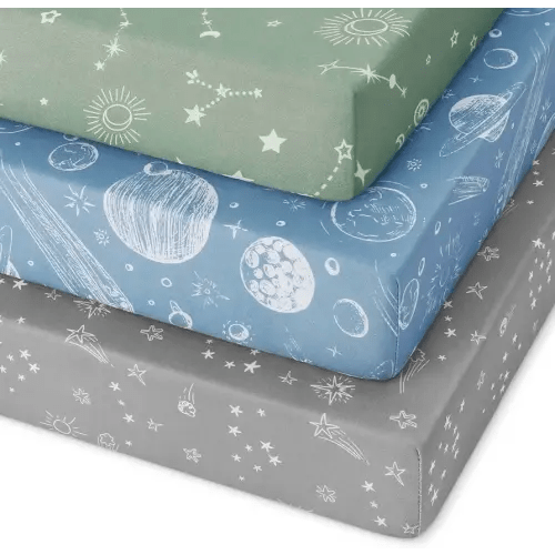 Pack and Play Sheets Fitted 3 Pack, Mini Crib Sheets for Pack N Play Mattress Stretchy Portable Playard Sheets, Soft Breathable Green Gray Constellation