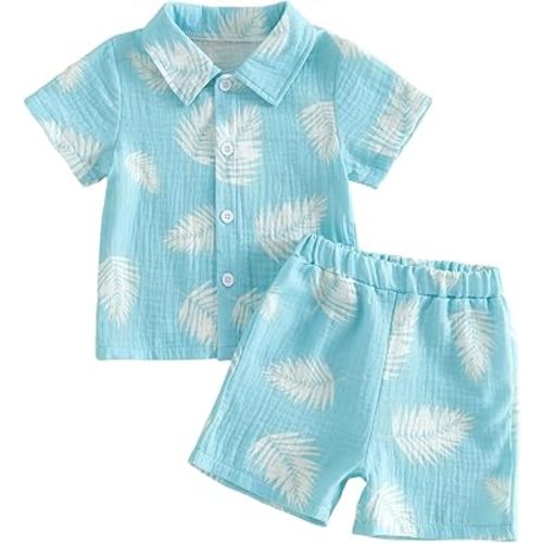 Kupretty Toddler Baby Boy Clothes Tropical Vacation Summer Outfits Button Up Short Sleeves Hawaiian Beach Shirts & Shorts