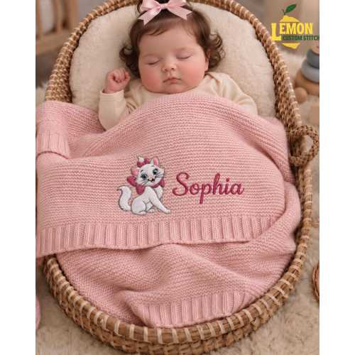Custom Marie Cat Embroidered Baby Blanket, Personalized Name Disney Cute Aristocats Pink Bow Blanket, Gift For Newborn