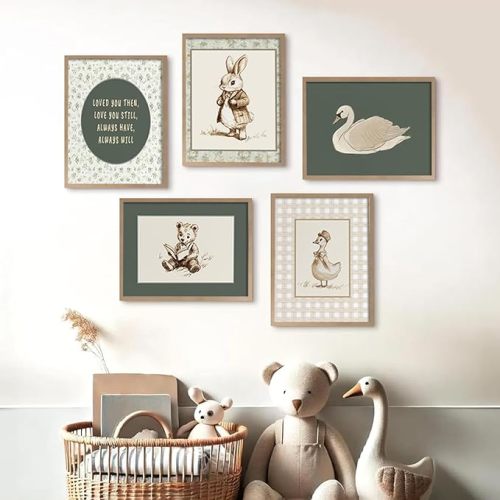 Neutral Woodland Animal Nursery Wall Art Vintage Storybook Baby Boy Room wall Decorate Sage Green Animal Bunny, White Swan,Bear Gallery Picture Poster for Boys' And Girls'Room Playroom Home Decor