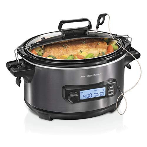 Hamilton Beach Portable 6 Quart Set & Forget Programmable Slow Cooker | Temperature Probe | Lid Lock For Easy Travel | Dishwasher Safe Crock & Glass Lid | Black Stainless Steel | 33866
