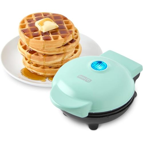 DASH Mini Waffle Maker - 4” Waffle Mold, Nonstick Waffle Iron with Quick Heat-Up, PTFE Nonstick Surface - Perfect Mini Waffle Maker for Kids and Families, Just Add Batter (Aqua)