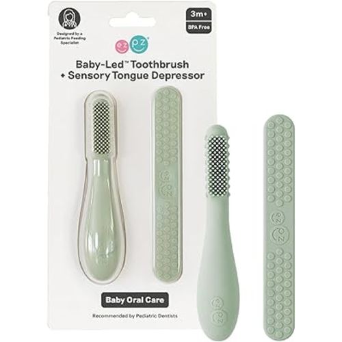 ezpz Baby-Led Toothbrush + Tongue Depressor Dual Pack (Sage) - 100% Silicone Toothbrush + Silicone/Stainless Steel Tongue Depressor - Helps Set-up Infants for a Healthy Oral Care Routine