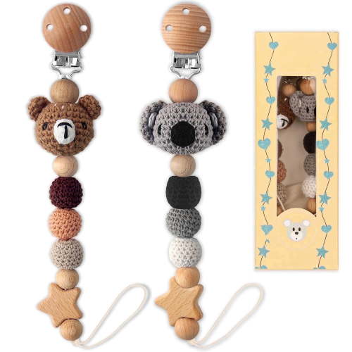 LSTRAGY Pacifier Clip, Cute Animal Pacifier Holder Clip Universal Wood Baby Pacifier Holder Set for Teething, Unisex, Pet Theme, 2 Piece