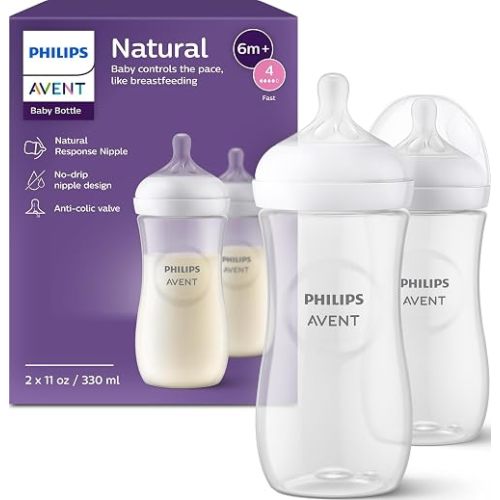 Philips Avent Natural Baby Bottles with Natural Response Nipples (Fast Flow, Flow 4), 11oz, 2-Pack, SCY906/02