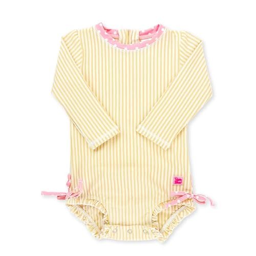 RuffleButts Baby-Girls Seersucker Long Sleeve Rash Guard - One Piece Swimsuit UPF 50+ Toddler