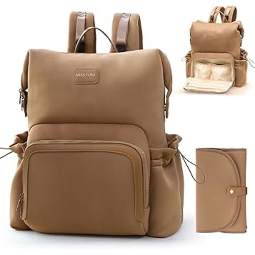 miss fong Diaper Bag Backpack - Baby Diaper Bag Neoprene Bag Large Capacity Neoprene Backpack with Diaper Changing Pad Pañaleras Para Bebe Baby Bag with 12 Pockets for Mom & Dad -Brown