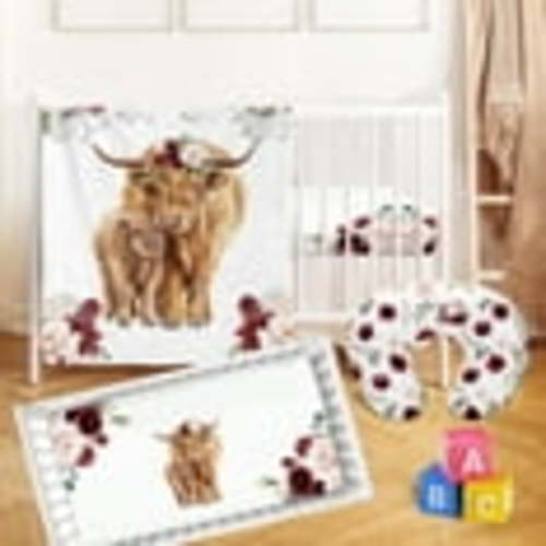 Kainsy Red Rose Highland Cow Crib Bedding Set, 3 Pcs, Flannel Blanket, Fitted Sheet, Nursing Pillow, 30x40 inch