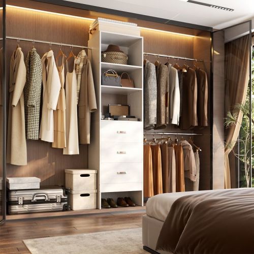 Besiost 96-In Closet Organizer with Wood Drawers, Closet System with Adjustable Hanging Rods - White