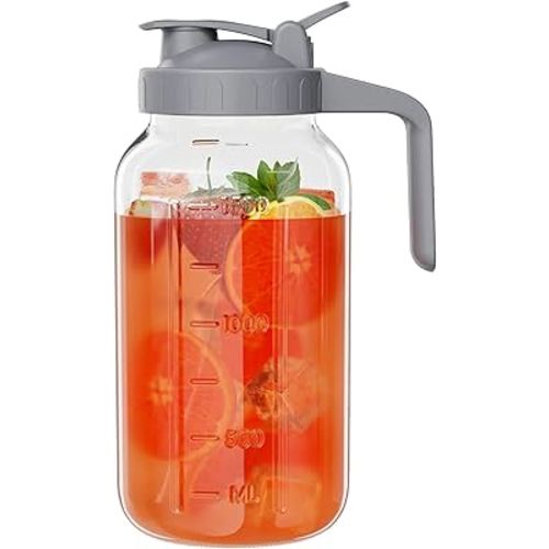 Glass Mason Jar Pitcher, 64 oz Wide Mouth Jug with Pour Spout Handle Lid for Cold Brew Coffee, Ice Beverage, Iced Juice, Lemonade, Sun Tea, Fruit Drinks Container