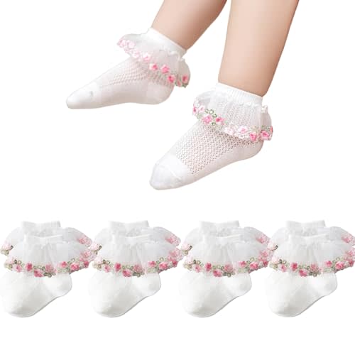 Baby Girls Lace Frilly Socks Toddler Eyelet Ruffle Cotton Ankle Dress Socks | 4 Pairs, Breathable Mesh, Elegant Embroidery, Stretch Cuff, for Infant Newborn, Parties, Photos, Baby Shower, Birthday