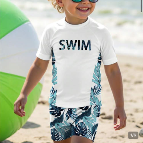 SHEIN Young Boy Casual Loose Fit Round Neck Short Sleeve T-Shirt And Shorts Swimwear Set, Suitable For Summer Classic Swimwear With Coconut Tree, Tropical Rainforest Pattern Print Surfing, Text Graphic Print | SHEIN USA