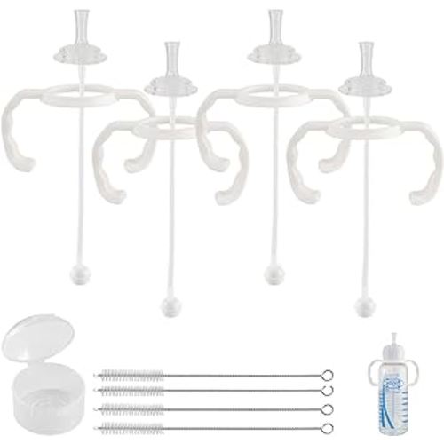 Straw Cup Conversion Kit for Dr Browns Narrow and Narrow Glass Baby Bottles, Spill-Proof Transition Kit with Silicone Straw Nipple, Weighted Straw, Handle, 4 Pack, 8m+