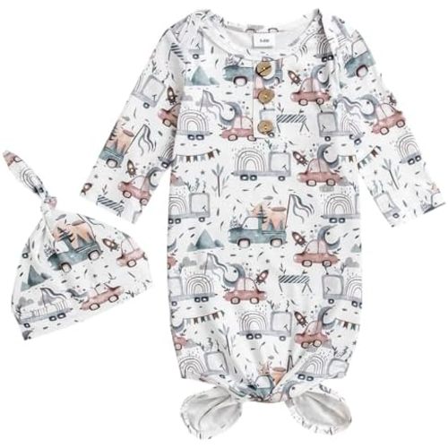 AMAWMW Newborn Baby Boys Girls Cartoon Sleeper Gown Long Sleeve Mountain Nightgown Hat Outfits