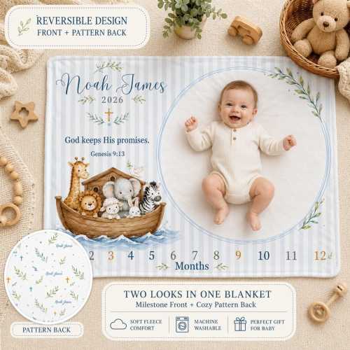 Personalized Noah's Ark Milestone Blanket baby blanket | velveteen two-sided newborn Gift Everyday Use