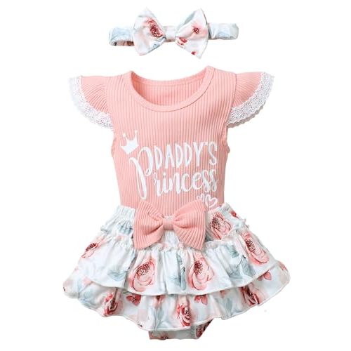 Hevemexy Newborn Girl Clothes Daddy's Princess Romper Floral Bowtie Shorts Headband 3PCS Baby Girl Outfits