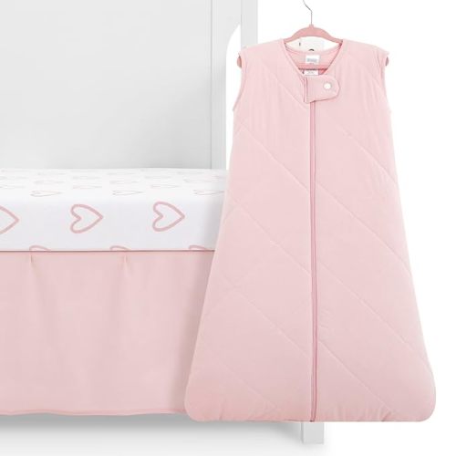 Evolur Baby Pink and Heart Print 3 Piece Mini Crib Bedding Set, Machine Washable, Soft and Breathable Toddler Bedding Set, Includes Fitted Sheet, Comfortor and Crib Skirt