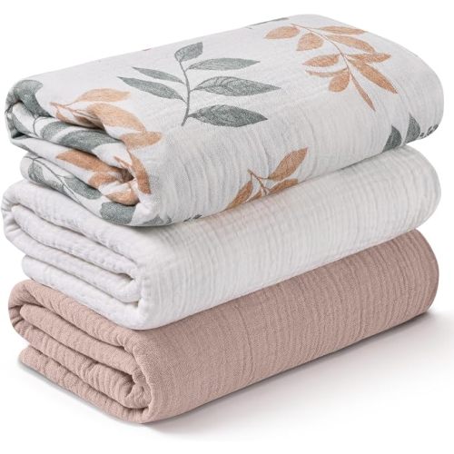 Muslin Swaddle Blankets for Newborn, 3 Pack Breathable Soft Receiving Blanket, Large 38 x 40 inches Swaddle Wrap Burping Clothes, Essentials Infant Shower Items, Toddler Gift (Cute Flower)