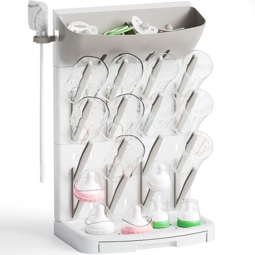 SuoXing Vertical Baby Bottle Drying Rack with Brush- Hold 16 Bottles - Large Breast Pump,Bottle Dryer Rack for Kitchen Countertop,Space Saving Bottle Stand Holder for Pacifiers,Pump Accessories,Grey
