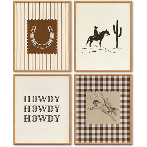 FGFK Boho Neutral Western Wall Art Prints Set of 4, Country Rodeo Horseshoe Cowboy Horse Howdy Striped Gingham Posters Pictures Wall Decor for Nursery Kids Boys Room Bedroom Home, 8x10 Unframed