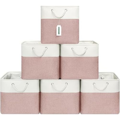 ECDYQXVU 13x13 Inch Cube Storage Bins with Reinforced Bottom Cardboard, 6 Pack Large Foldable Fabric Storage Cubes with Handles for Shelf, Closet, Laundry Organization (White&Pink)