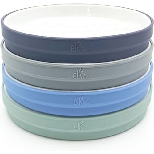 Elk and Friends Kids 7.8” Porcelain White Plates with Silicone Sleeves | Suitable for Kids/Toddlers | Microwave & Dishwasher Safe | Non Slip | Snack Dishes