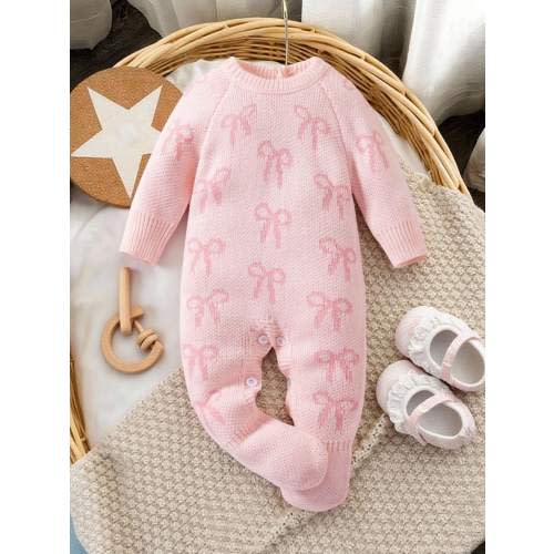 Baby Girls' Casual Cute Pink Bow Knitted Footed Jumpsuit, Soft & Comfortable, Suitable For Daily, Outings, Travel, Vacation, HomeBaby Girlycare, Kids Play, Autumn/Winter, Christmas, Back To School, Party, All-Match Cozy Pixies Baby Girl Set Baby Boy New B