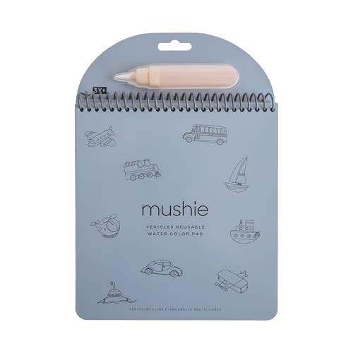 mushie Vehicles Reusable Water Color Pad | Montessori Travel Activity Book with Planes, Trains, and Cars + Refillable Brush for Toddlers 3 Years+