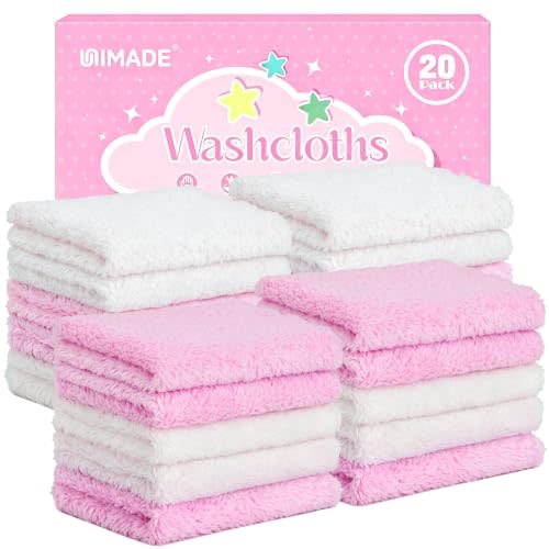 Baby Washcloths, 20 Pack Microfiber Coral Fleece Wash Cloths | Absorbent Baby Towels for Newborns, Infants and Toddlers, Gentle on Sensitive Skin for Face and Body - 7" × 9", White&Pink