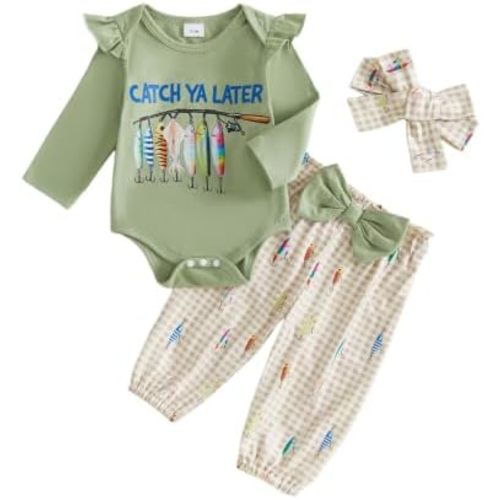 Baby Girl Fishing Outfit Fish Shirt Romper Pants Set Fall Clothes