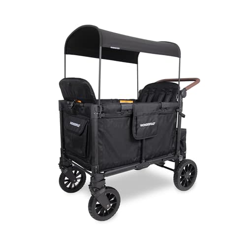WonderFold W4 Luxe Pro Stroller Wagon - Collapsible Stroller Wagon with Aluminum Frame - Adjustable Canopy & Push Handle - XL All-Terrain Wheels - For Babies, Toddlers & Kids - 4 Seater - Black