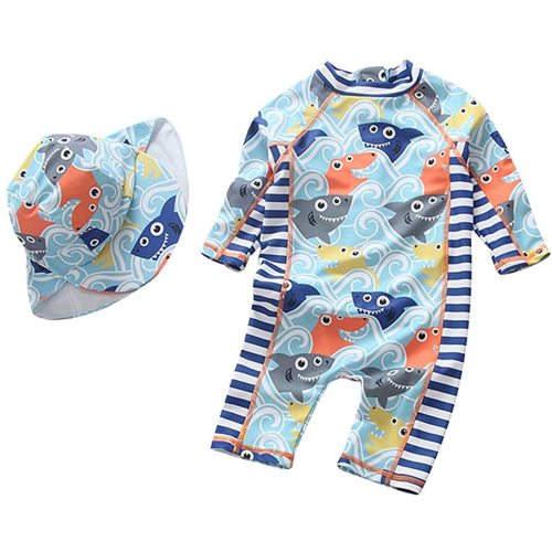 Baby Boys Kids Swimsuit One Piece Toddlers Zipper Bathing Suit Swimwear with Hat