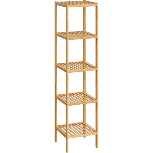 SONGMICS Bamboo Storage Shelf, 5-Tier Shelving Unit, Multifunctional, in the Entryway, Bathroom, Living Room, Balcony, Kitchen, 13 x 13 x 57.5 Inches, Light Bamboo UBCB55Y